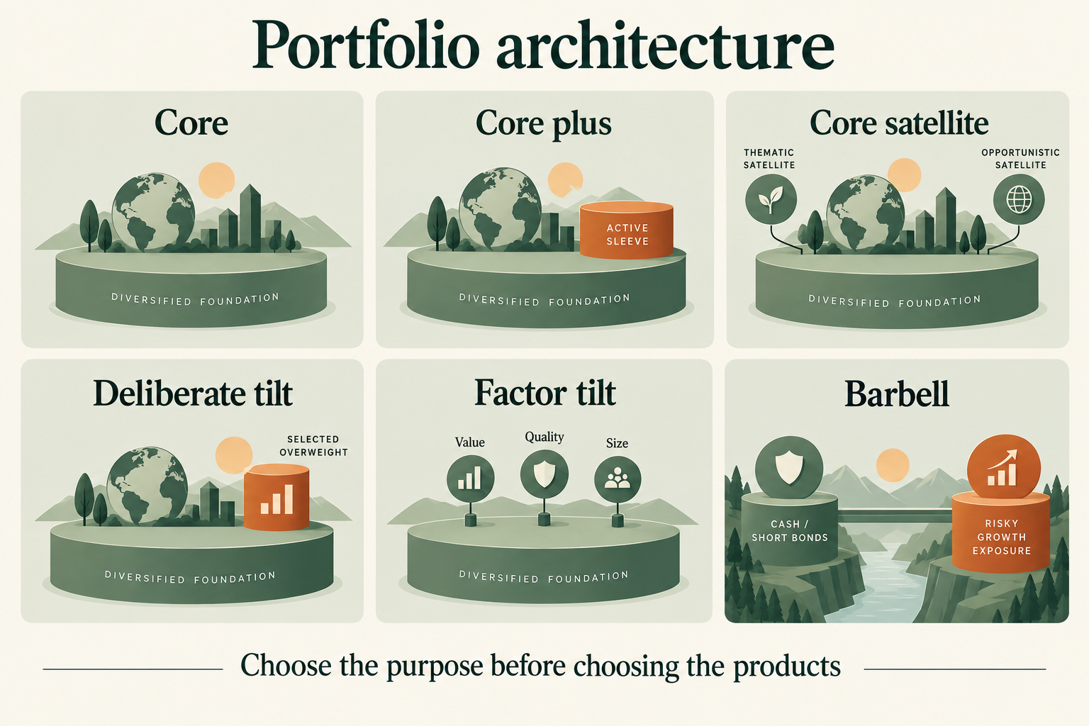 A map of portfolio architectures, showing the relationship among strategic core, extensions, tilts and satellites.