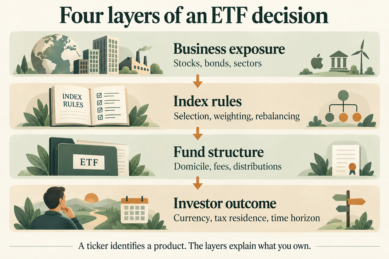 A hierarchy of investor decisions, from objectives through asset allocation to selected funds.